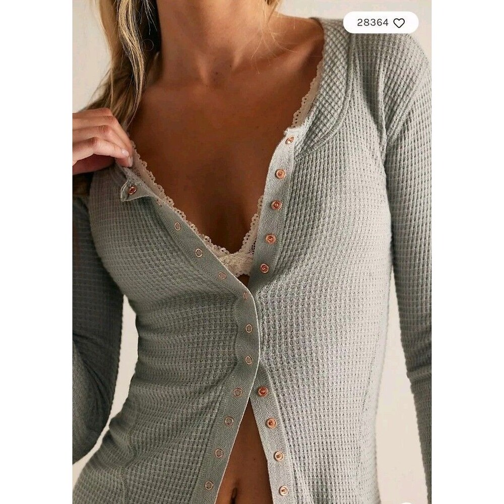 FREE PEOPLE Going Places Layering Gray Cardi Size L Lite Thermal Waffle Knit